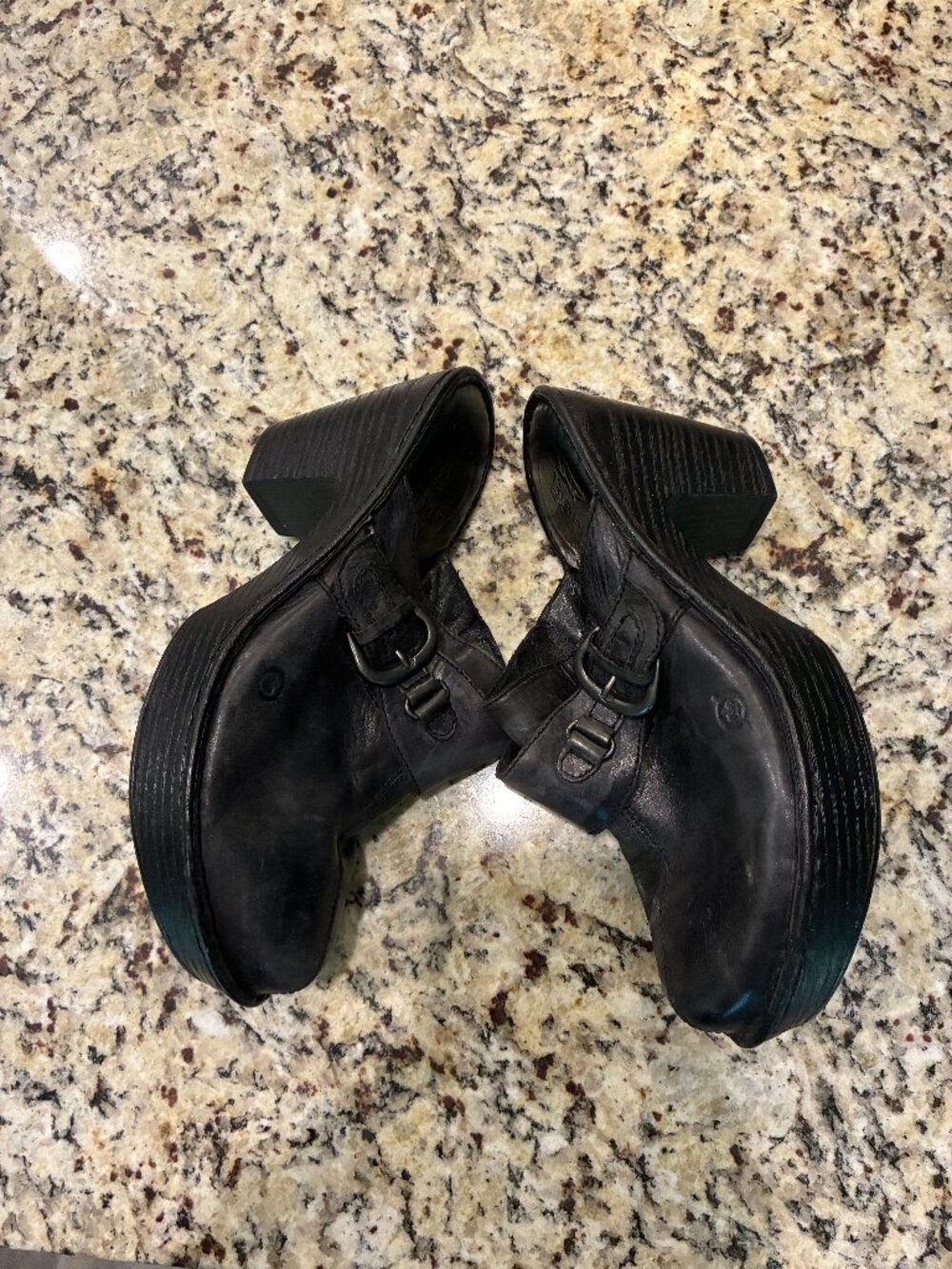 Born Black Leather Buckle Wedge Mule Clogs Slip On Comfort Shoes size 9